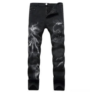 Black gothic skull ghost hand print denim jeans front flat lay view with 3D printed details