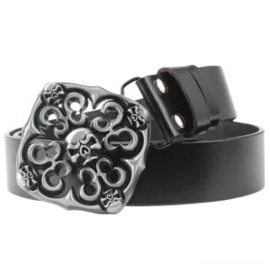 Memento Mori skull buckle genuine leather gothic belt coiled display with hand-carved silver skull metalwork