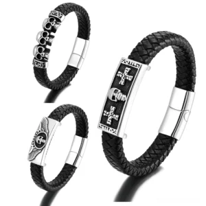 Collection of three black braided leather bracelets with stainless steel skull and cross magnetic closures displayed flat