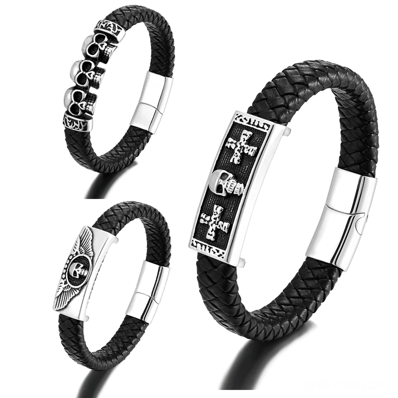 Collection of three black braided leather bracelets with stainless steel skull and cross magnetic closures displayed flat