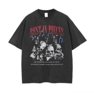 Oversized black gothic skull and lightning graphic tee - front flat lay view with red lettering and distressed design