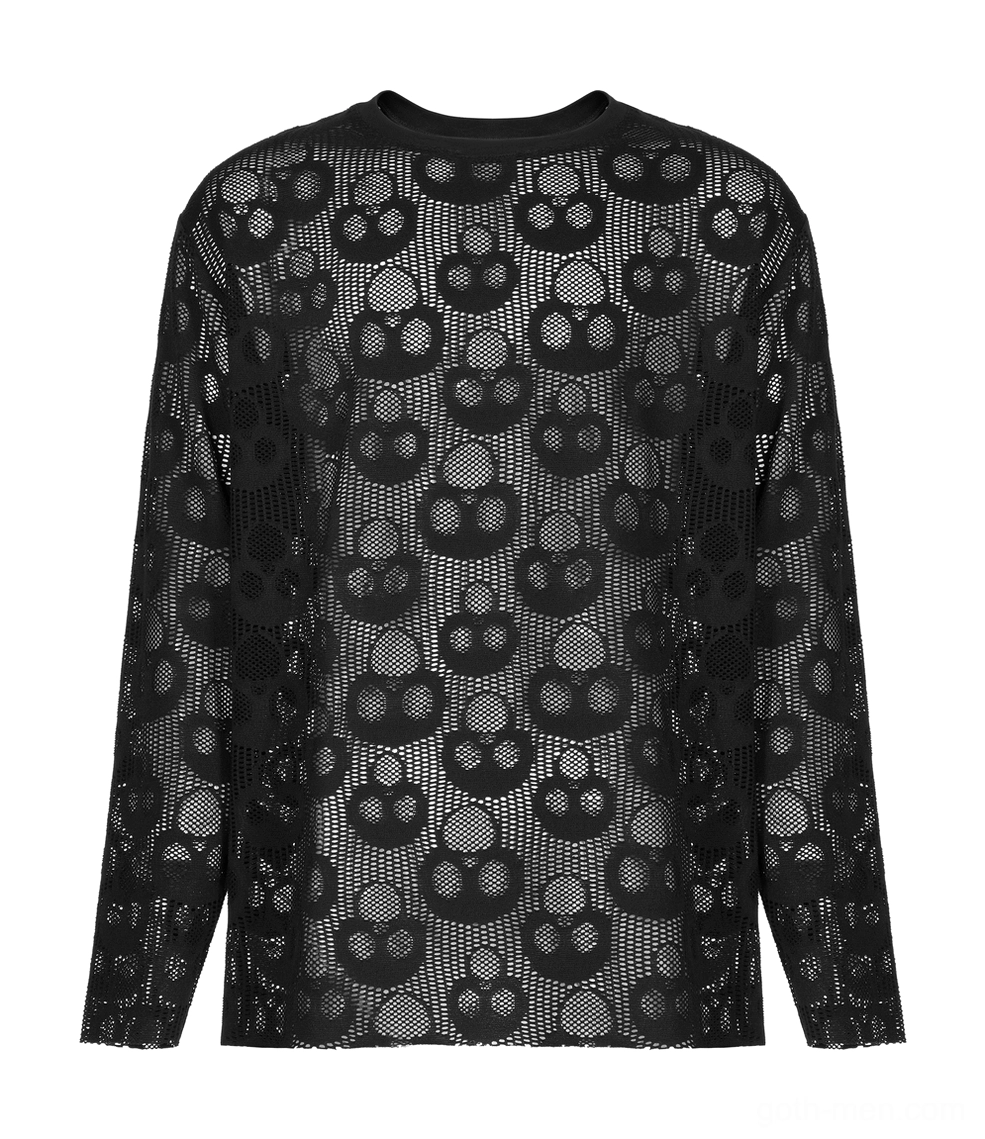 Black skull mesh gothic top crew neck front flat lay detail