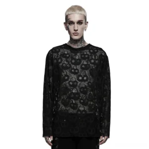 Men's black skull mesh gothic long sleeve top front view on tattooed model