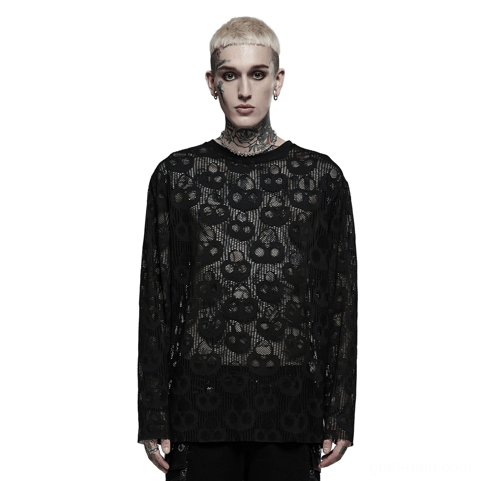 Men's black skull mesh gothic long sleeve top front view on tattooed model