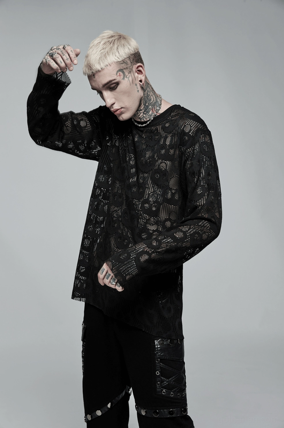 Black skull mesh gothic long sleeve top full length flat lay display