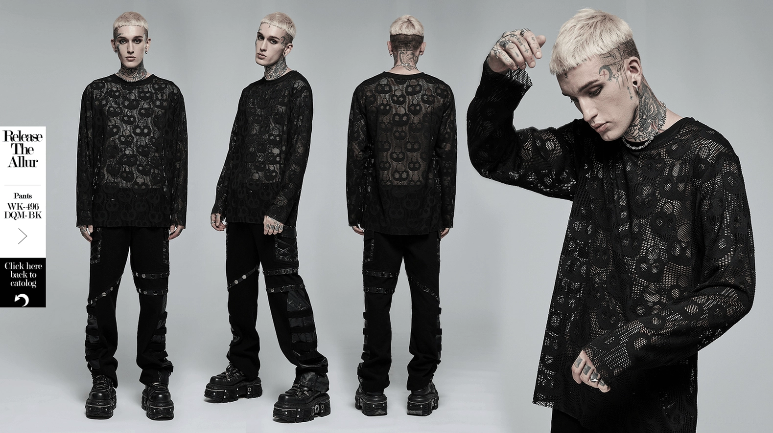 Black skull mesh gothic long sleeve top front model wearing view