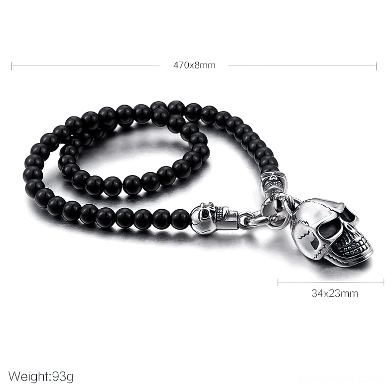 Black glass beaded gothic skull necklace with product dimensions and weight specification flat lay