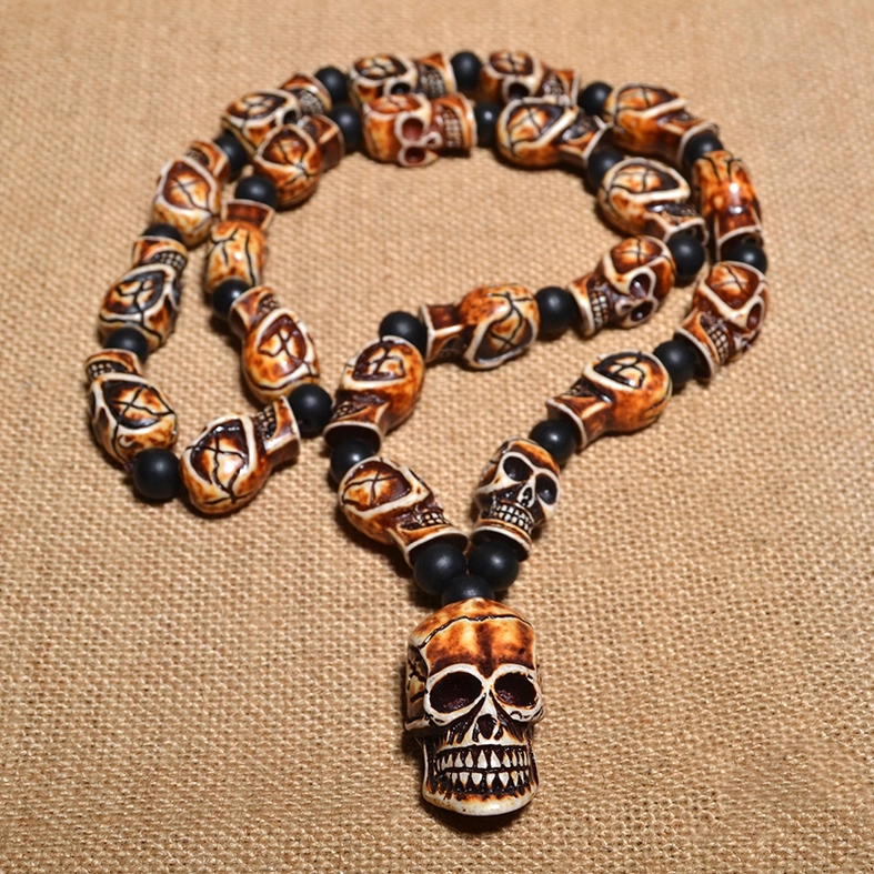 Gothic skull beaded necklace matte black spacers detail shot