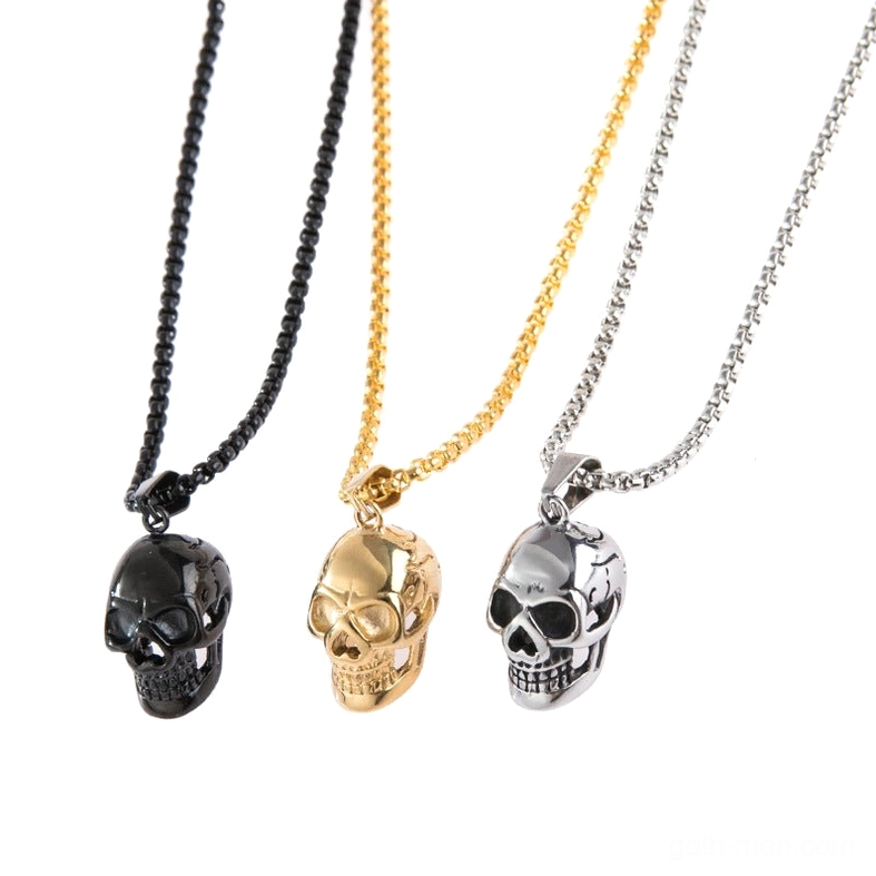 Stainless steel skull pendant necklace collection - three color variants in black, gold, and silver displayed together on white background