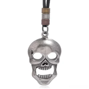 Antique silver open-mouth skull pendant necklace front close-up view, showcasing intricate gothic skull design with genuine leather cord