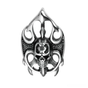 Gothic memento mori skull pendant with hollow flame-frame border, vintage silver stainless steel front view