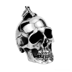 Large anatomical skull pendant in polished stainless steel with hanging loop three-quarter view