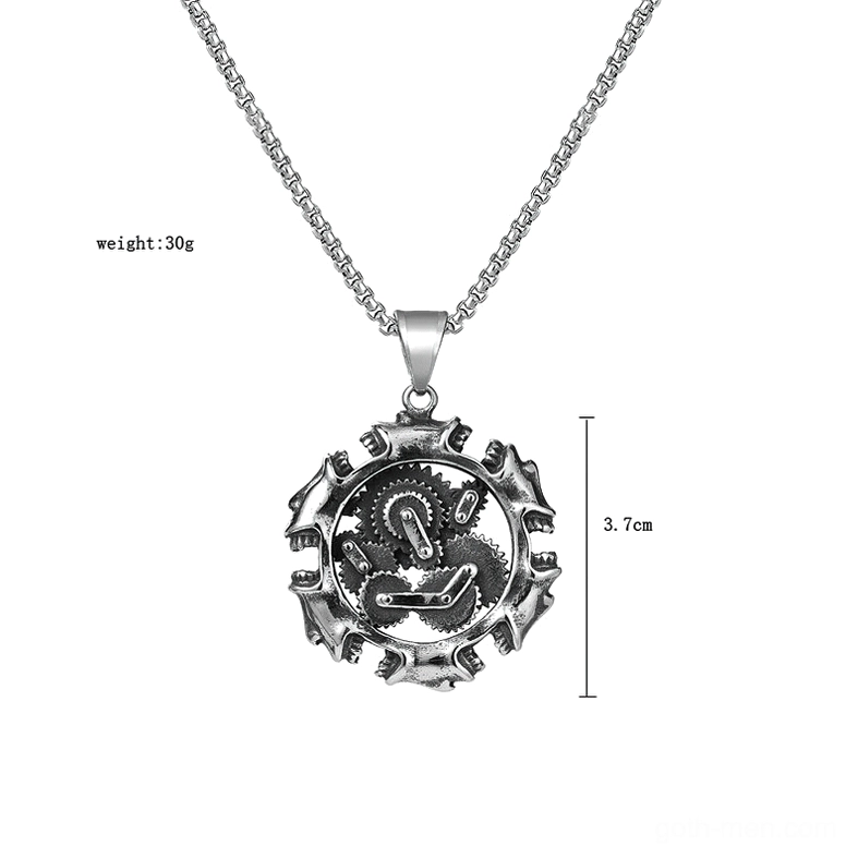Complete mechanical skull pendant necklace flat lay with stainless steel chain showing 3.7cm diameter and total weight specifications