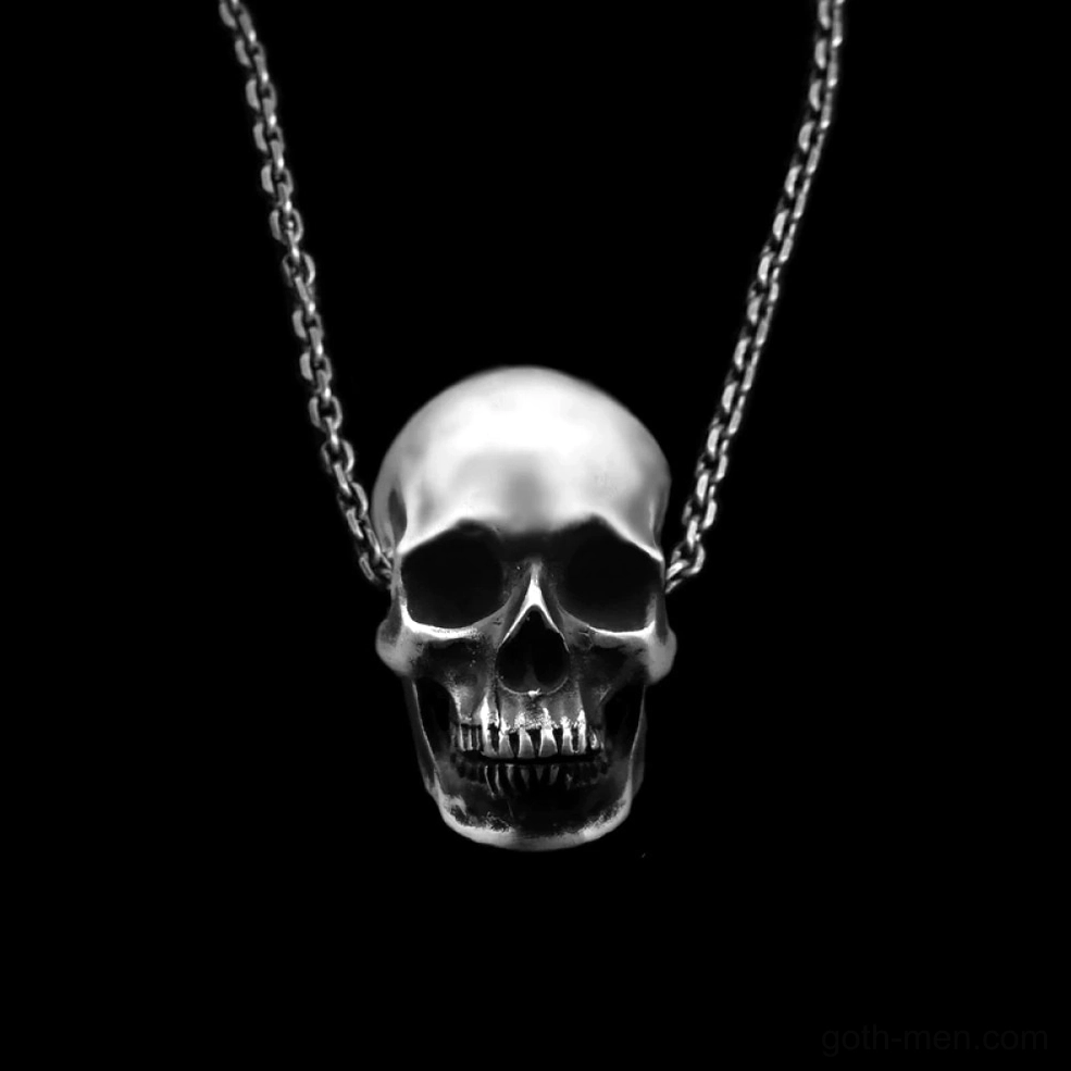 Polished silver skull pendant necklace detailed close-up showcasing human skull morphology and metalwork