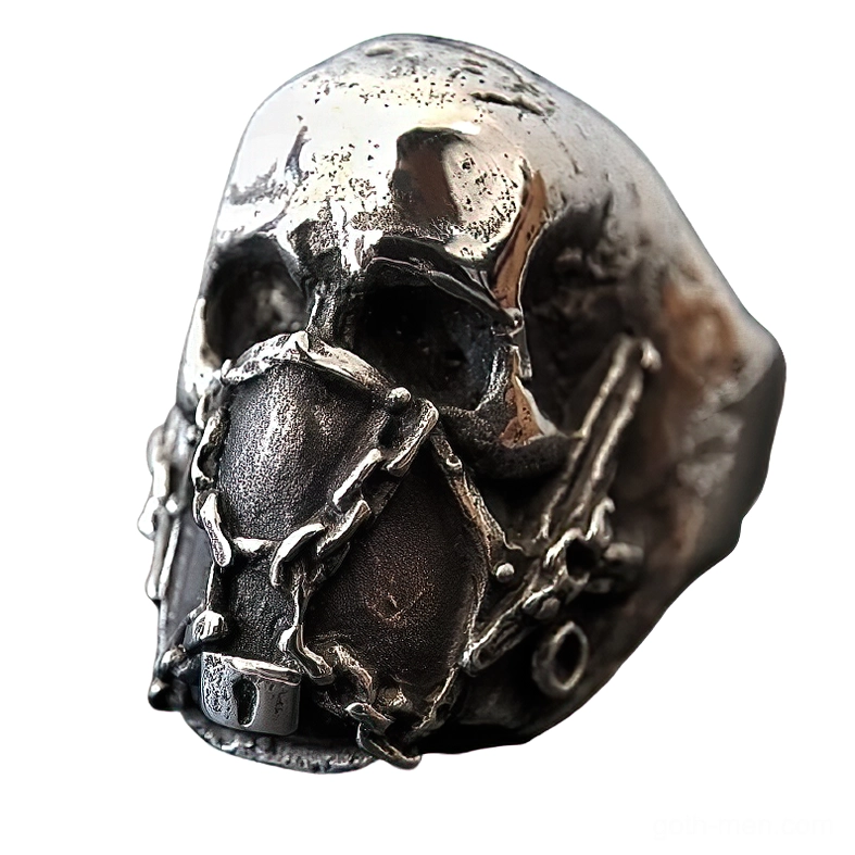 Silver stainless steel gothic skull ring with chain-bound mouth mask and lock detail, 3/4 front left angle view