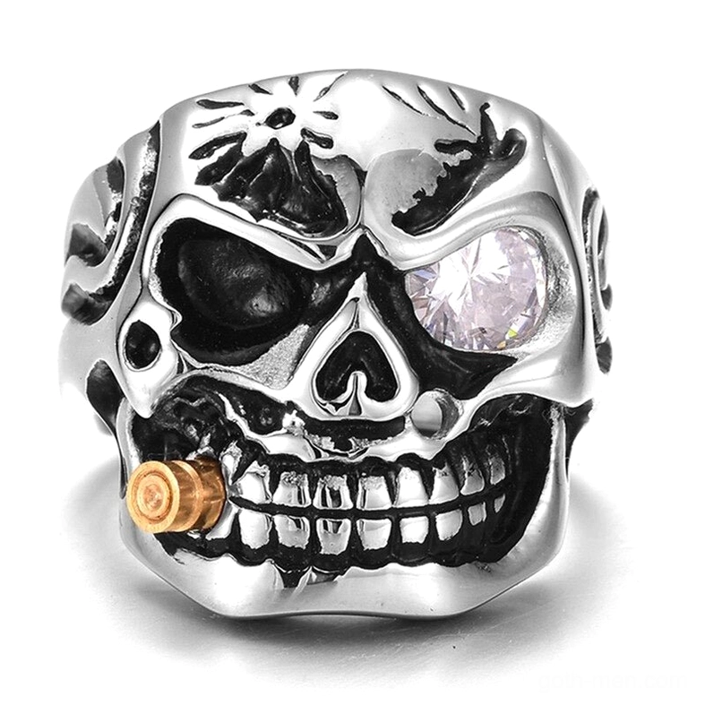 Clear crystal white skull biker ring front facing gothic style with detailed bone texture engraving