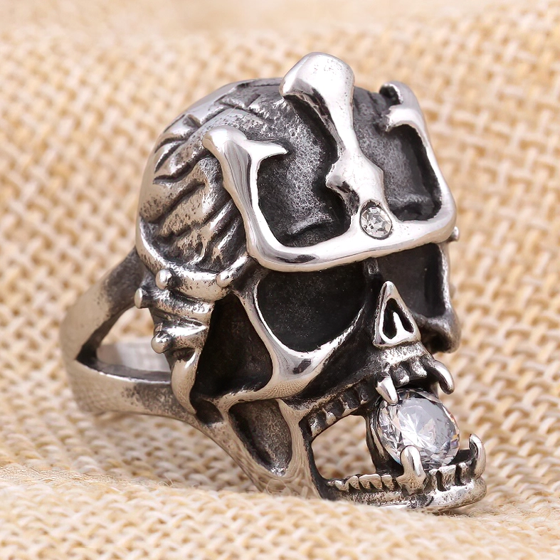Anarchy skull ring with crystal detail in mouth gothic jewelry front angle