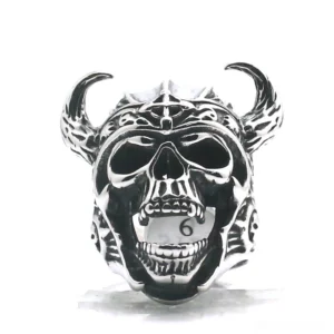 Gothic skull ring front view displaying intricate facial carving and Norse warrior helmet design in silver tone
