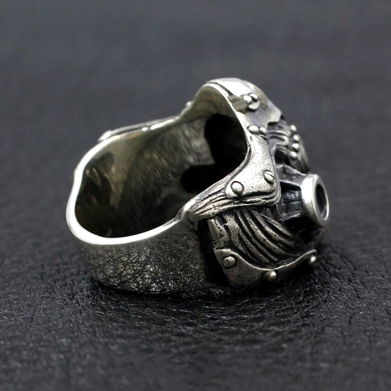 Inner side view of skull mask ring showing open adjustable band design and antique silver metal finish