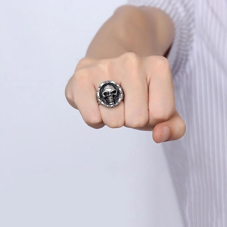 Gothic skull ring worn on hand showing fit and authentic wearability, alternative fashion styling with dark aesthetic