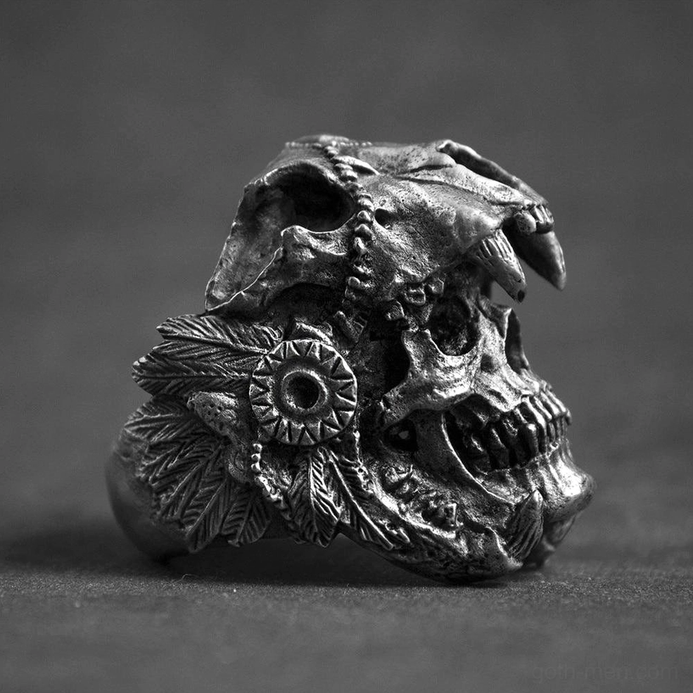 Rear view of aged dark stainless steel skull ring showing detailed carved warrior patterns and finishing