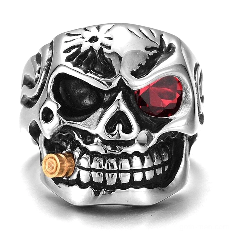 Antique silver pirate skull biker ring with red crystal eye and cigar detail, front view gothic jewelry