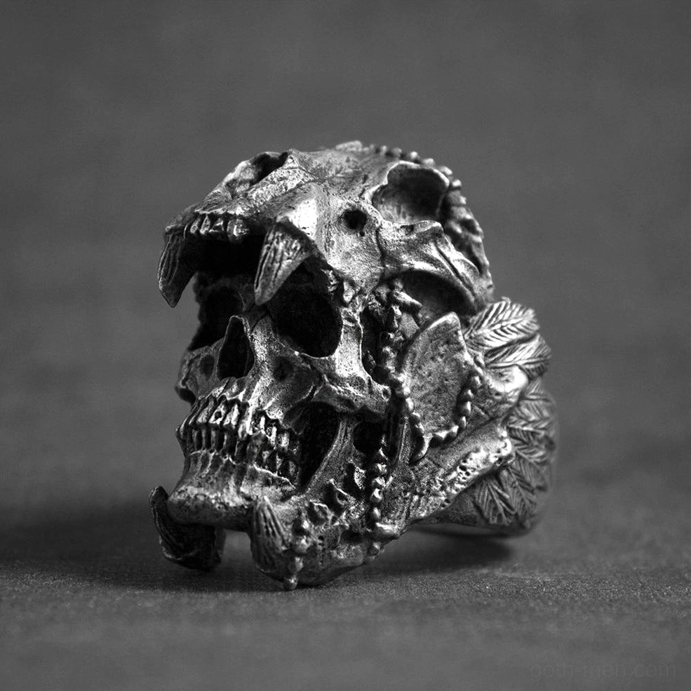 Dark matte stainless steel skull biker ring with sharp fang design and carved patterns, right side angle