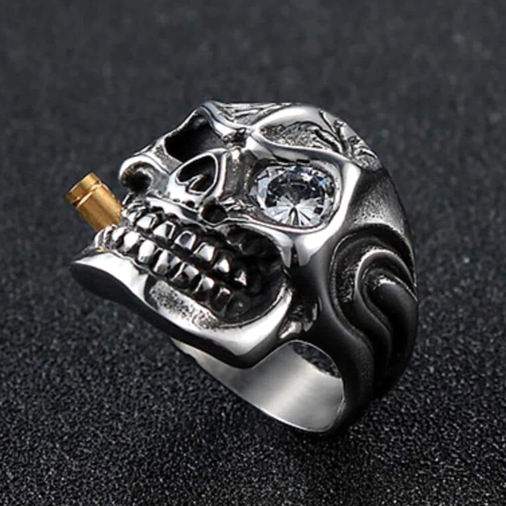 Dark textured background gothic skull biker ring right side view showing two-tone stainless steel finish