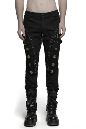 Skull rivet gothic black pants front view slim fit on male model studio photography