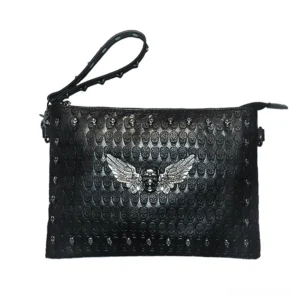 Black gothic skull shoulder bag with winged emblem and silver studs - front flat view