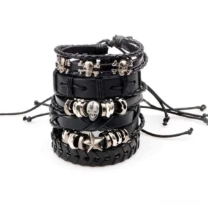 Adjustable black leather gothic bracelets with skull and star metal charms detail view