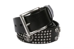 Gothic skull studded leather belt with silver metal buckle and ornate cross spike decorations in black cowskin