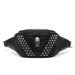 Black skull studded gothic crossbody waist bag front flat lay view with pyramid metal studs and skull ornament detail