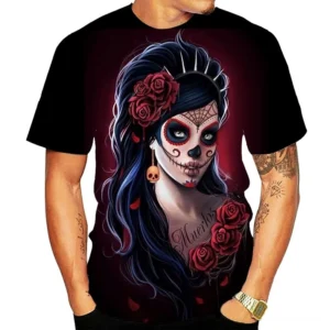 Black memento mori skull 3D printed gothic t-shirt worn by male model showing front design with sugar skull graphic