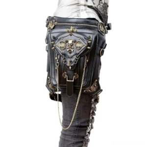 Black gothic skull leather waist bag with brass spike rivets and hanging chain, rear angle view on white background