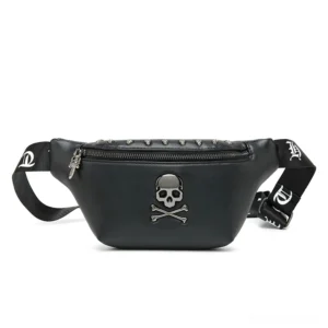 Gothic skull rivet crossbody waist bag front view - black PU leather punk fanny pack with metal skull badge and studded hardware