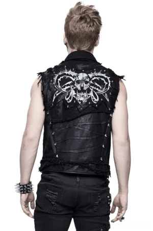 Distressed black skull and horn back print gothic waistcoat rear view on model