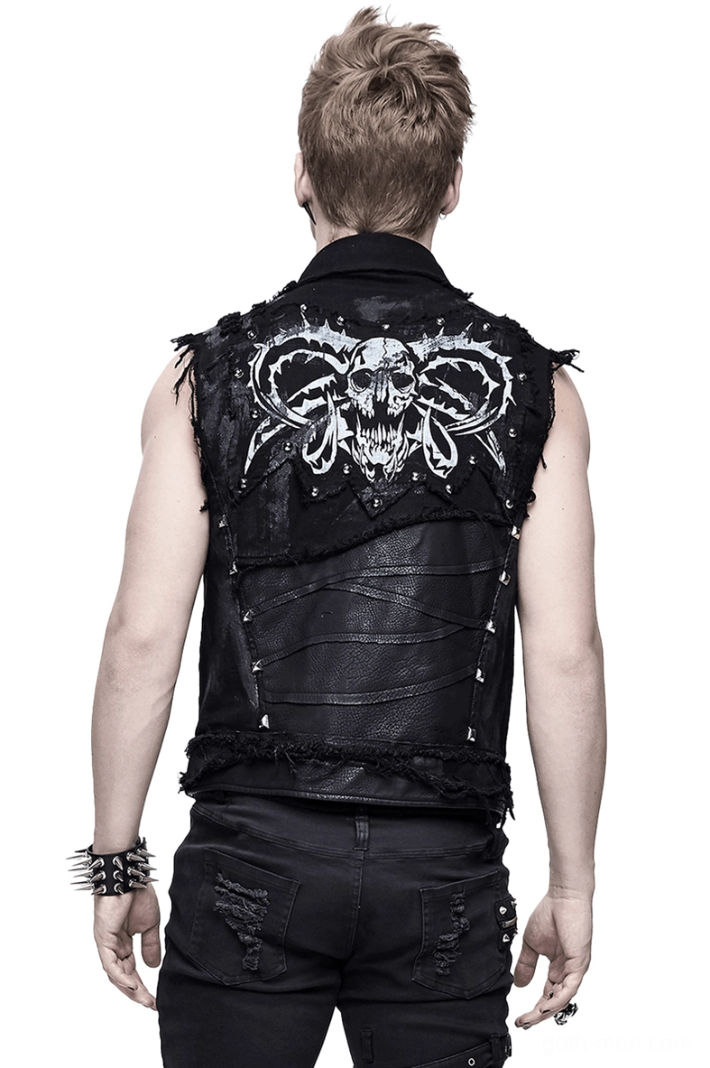 Distressed black skull and horn back print gothic waistcoat rear view on model