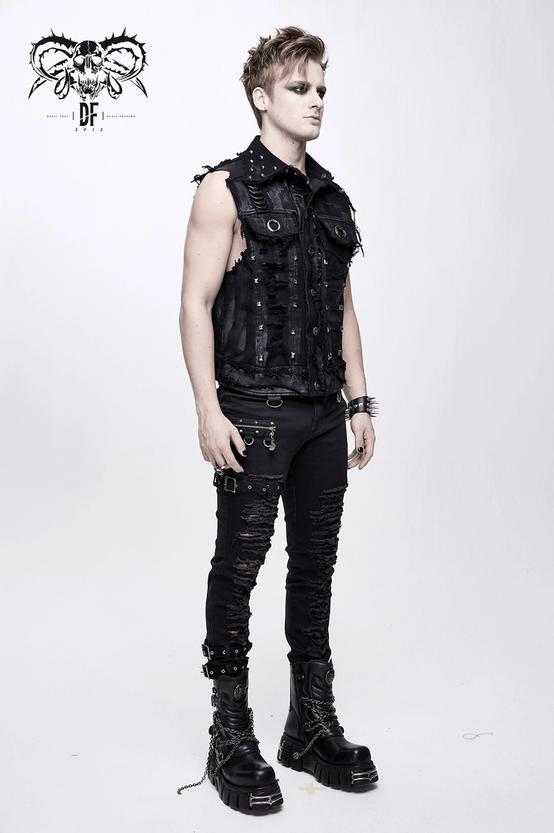 Full body style shot of black gothic skull waistcoat worn as layered alternative fashion piece