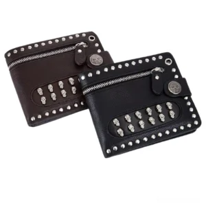 Two gothic skull rivet bifold wallets in black and brown leather - overhead view showing complete punk wallet collection