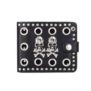 Black gothic men's wallet with dual skulls and silver rivets - front view flat lay