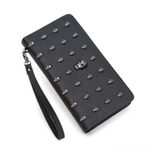 Black skull studded long wallet oblique view - premium PU leather with silver skull studs and central skull ornament