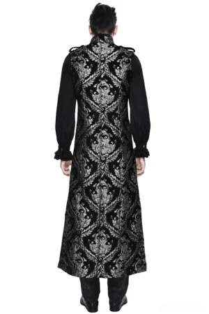 Black silver jacquard gothic sleeveless coat back view showing full damask pattern worn by male model