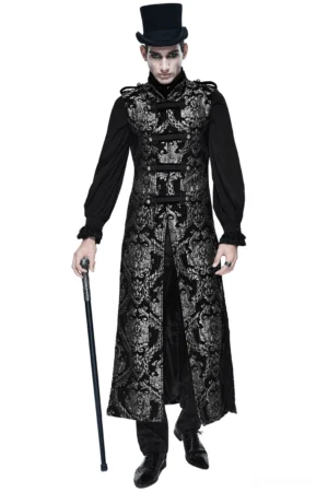 Black silver jacquard sleeveless gothic coat front view worn by model with top hat and walking cane on white background