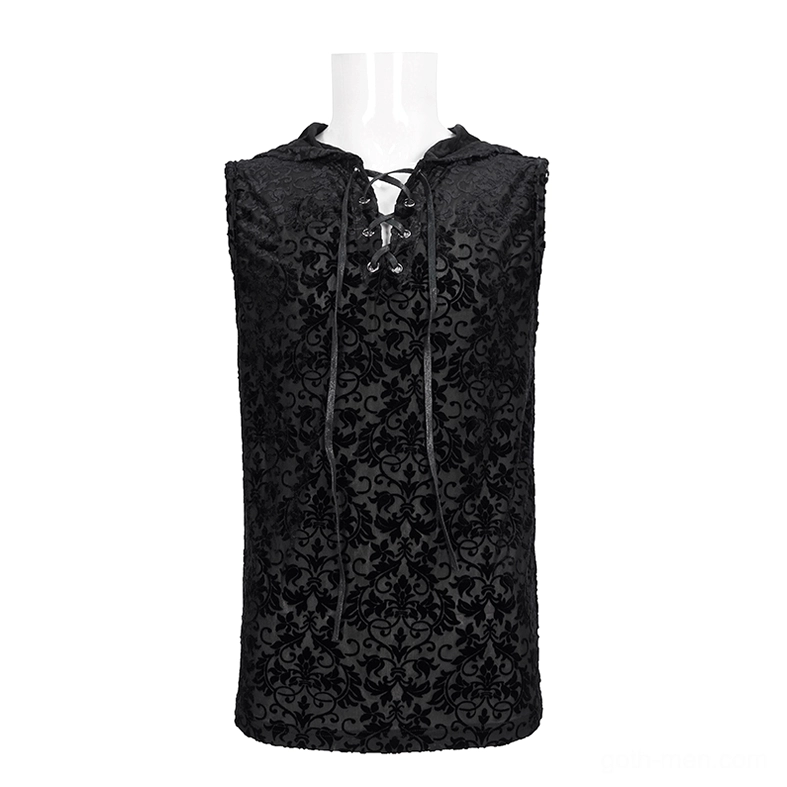 Sleeveless gothic hooded tank top with damask floral print and chest lace-up, front mannequin display