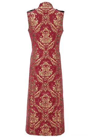 Men's gothic sleeveless long coat rear view showing full coverage of embossed gold damask pattern, tailored fitted silhouette, and dramatic full-length hem