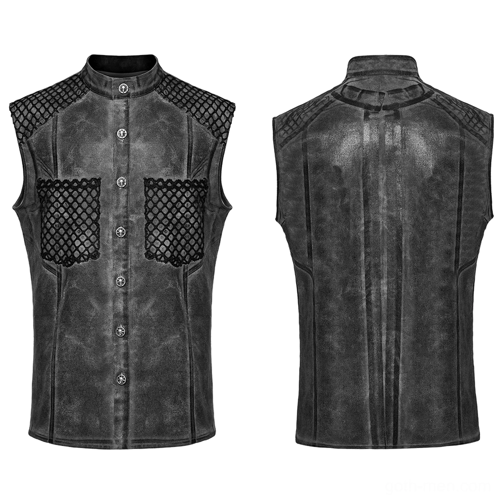 Gothic sleeveless mesh tank flat lay front and rear, showing mesh pocket panels, stand collar, and skull button details