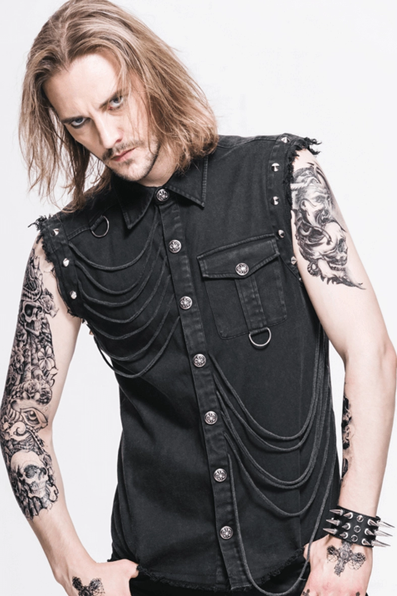 Men's black gothic rivet sleeveless shirt alternative styling with subculture fashion elements and accessories