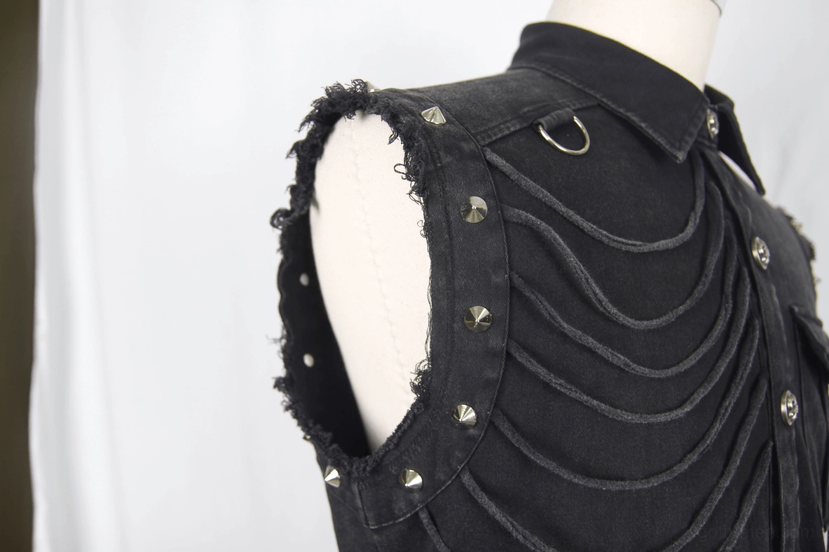 Gothic sleeveless shirt side close-up detail showing studded armholes frayed fabric and collar construction
