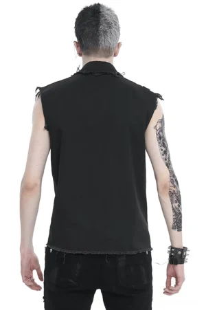 Black gothic sleeveless shirt back view displaying frayed hem edges and solid fabric texture